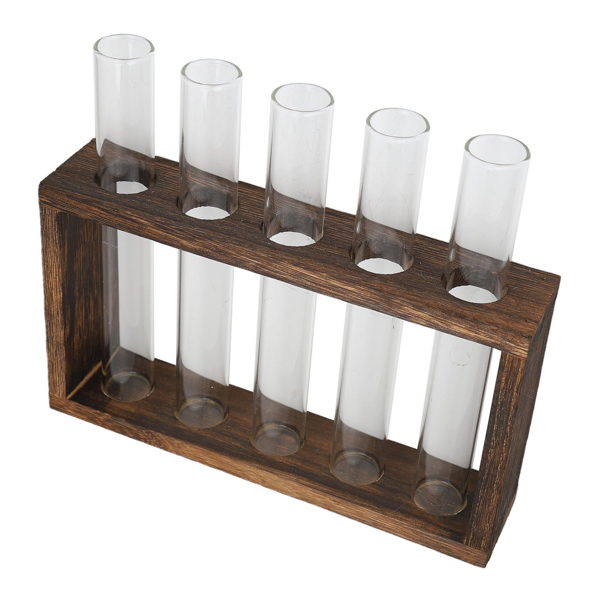 Tabletop Glass Tube Vase High Borosilicate Glass Pine Wood Frame Retro Tube Plant Vase for Hydroponic Plants Home Decoration5 Bottles
