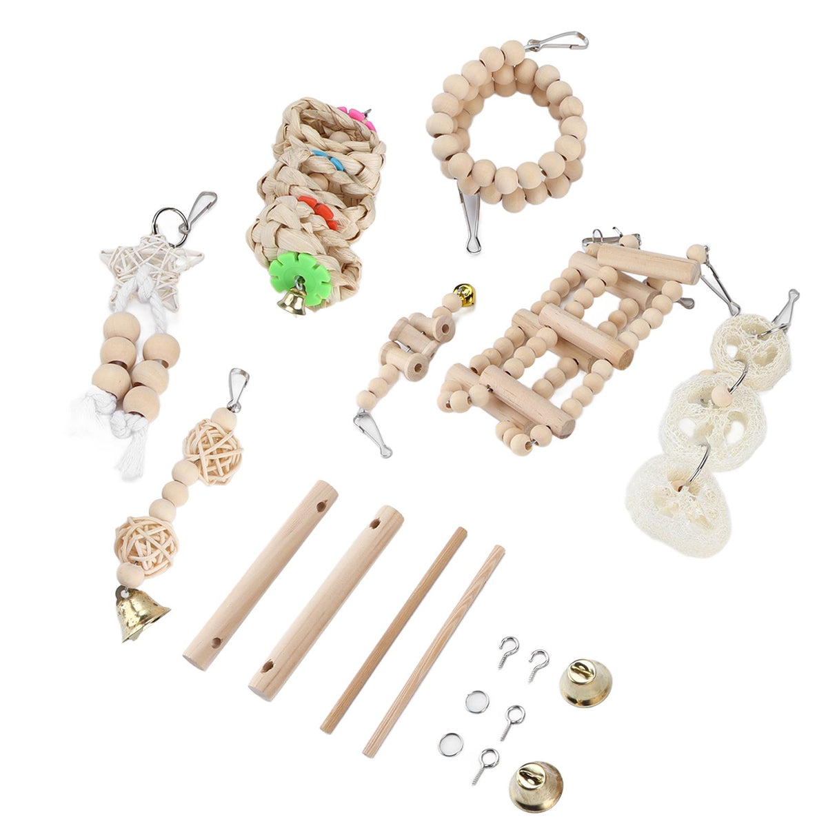 8 Pcs Parrot Toy Wooden Birds Swing Chewing Toy Pet Birds Cage Nest Hanging Toys Spiral Ladders Vertical Roosting Toys