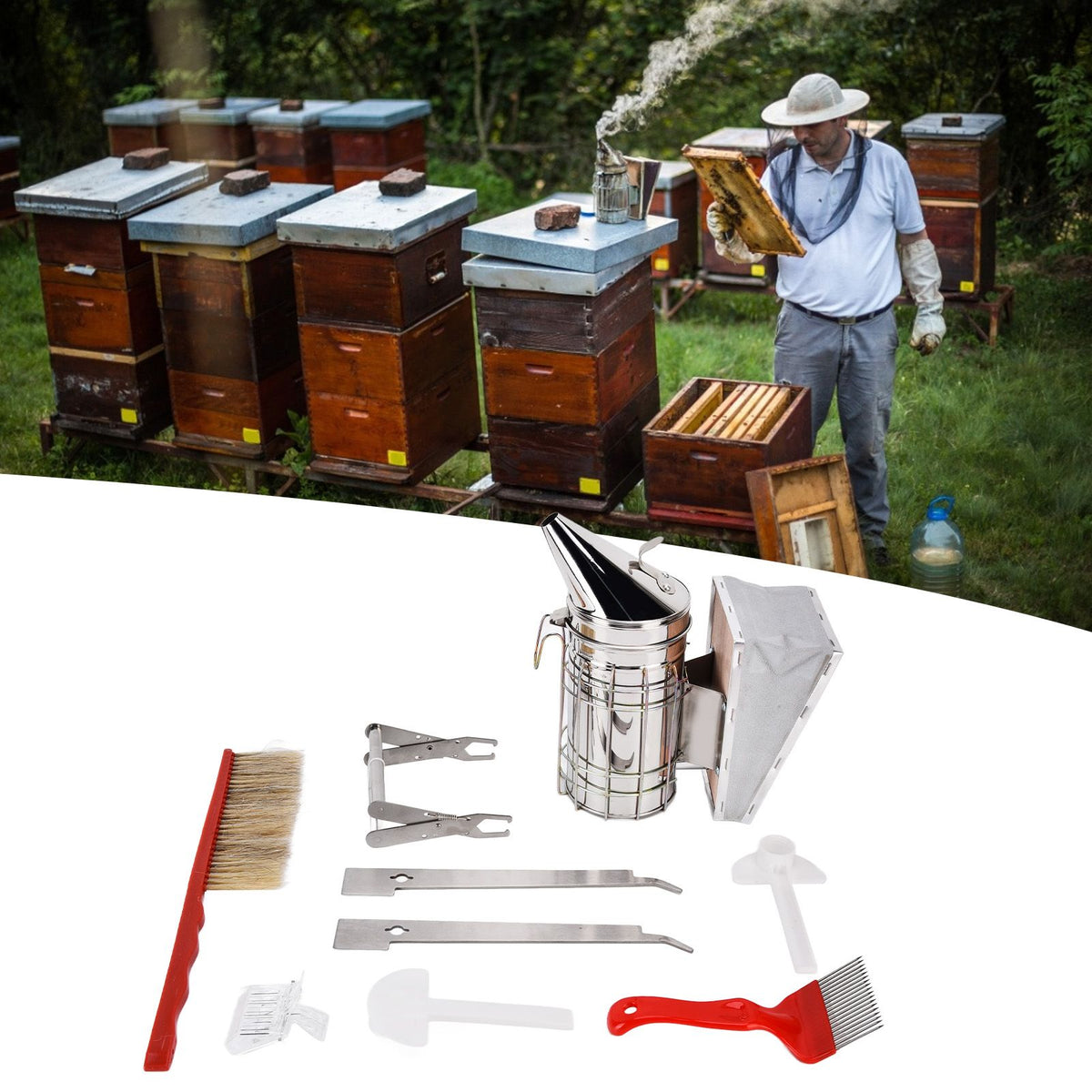 Beekeeping Tool Kit Comb Frame Clip Red Needle Knife Water Feeder Bee Brush Scraper Bee Smoker Queen Bee Catcher