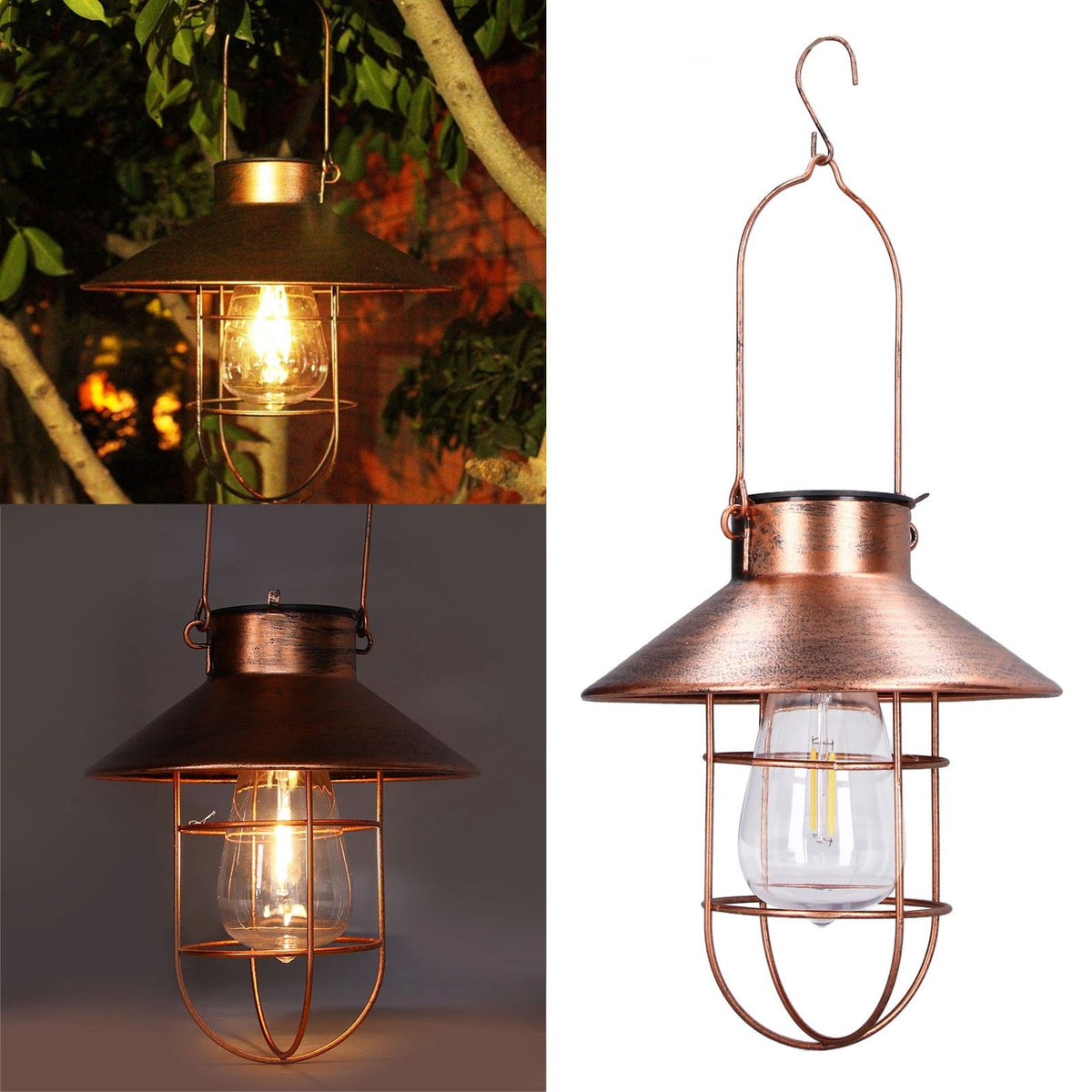 Solar Hanging Light Decorative Iron Frame LED Outdoor Retro Lantern for Garden Yard Porch