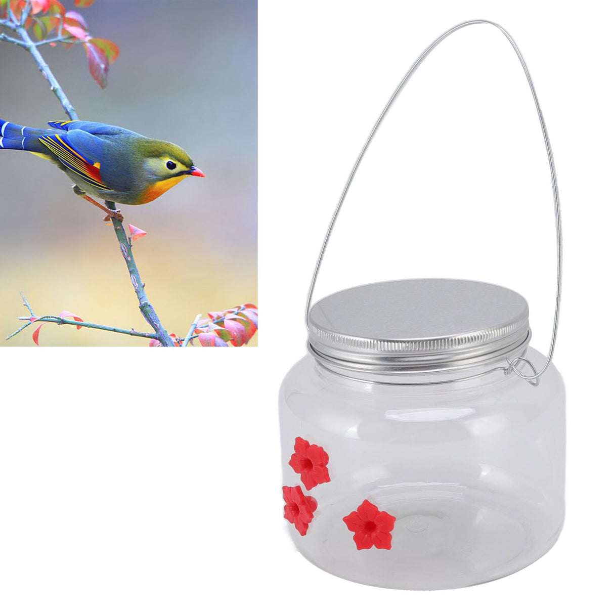 Hanging Bird Feeder 475ml Unique Red Flowers Design 3 Feeding Ports Wide Opening Easy Filling Bird Feeder