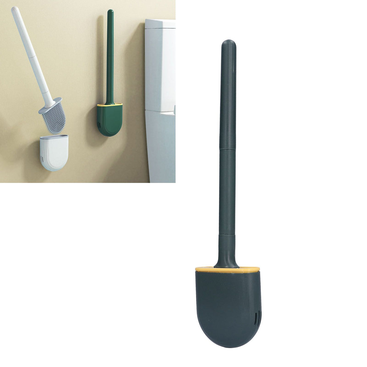 Wall Mounted Toilet Brush Drying Holder Set with Detachable Handle Cleaning Tool for Home Hotel BathroomGreen