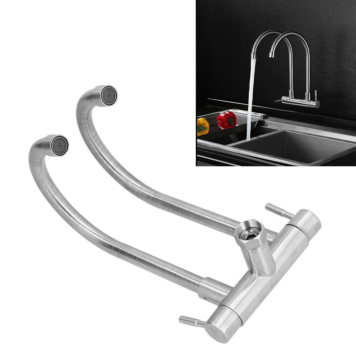 G3/4 Double Nozzle Single Cold Faucet 360 Degree Rotating 304 Stainless Steel Basin Tap for Kitchen Bathroom