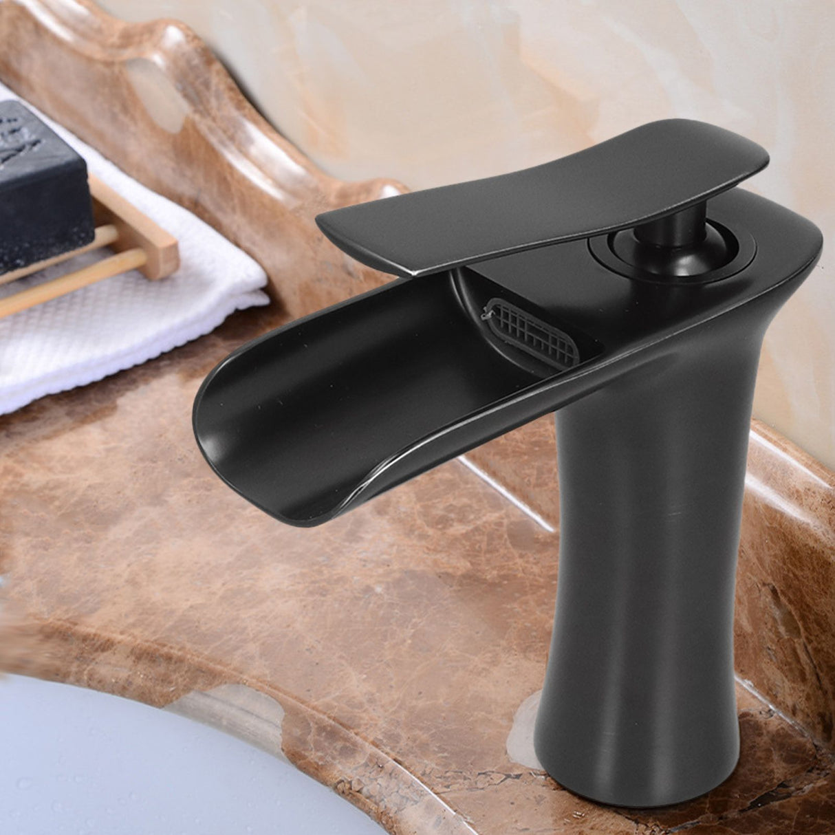 G1/2 Sink Faucet Copper Waterfall Water Tap Black Bathroom Basin Hot Cold Faucet for Kitchen Toilet