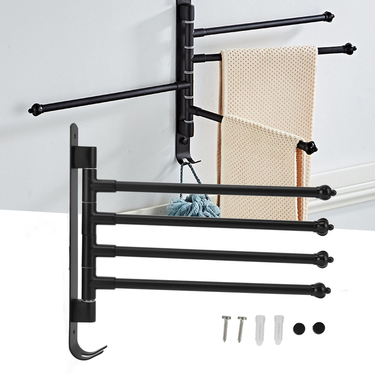 Stainless Steel Swivel Towel Hanger Holder Black Rotating Movable Towel Bar for Bathroom Wardrobe Kitchen4 Arms