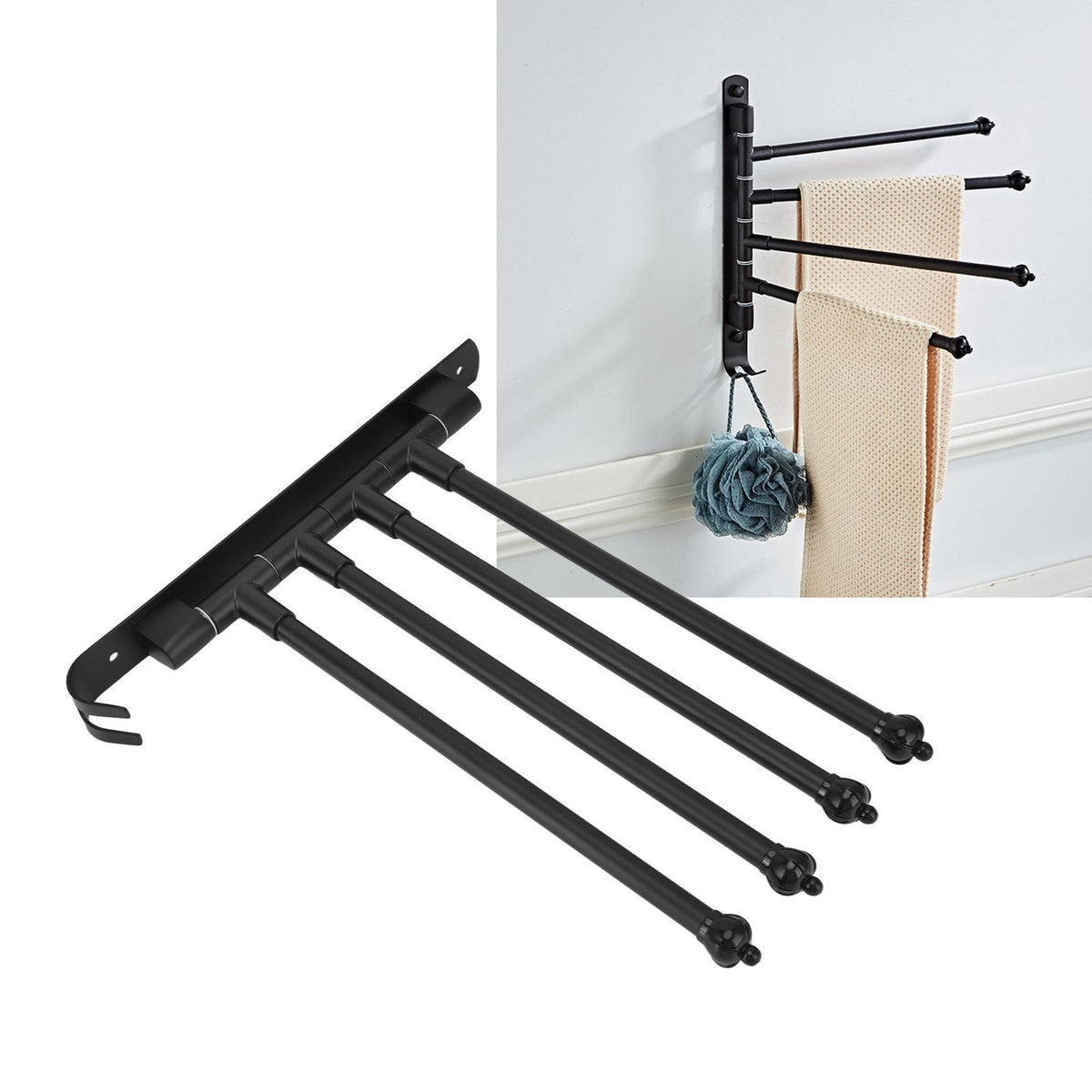 Stainless Steel Swivel Towel Hanger Holder Black Rotating Movable Towel Bar for Bathroom Wardrobe Kitchen4 Arms