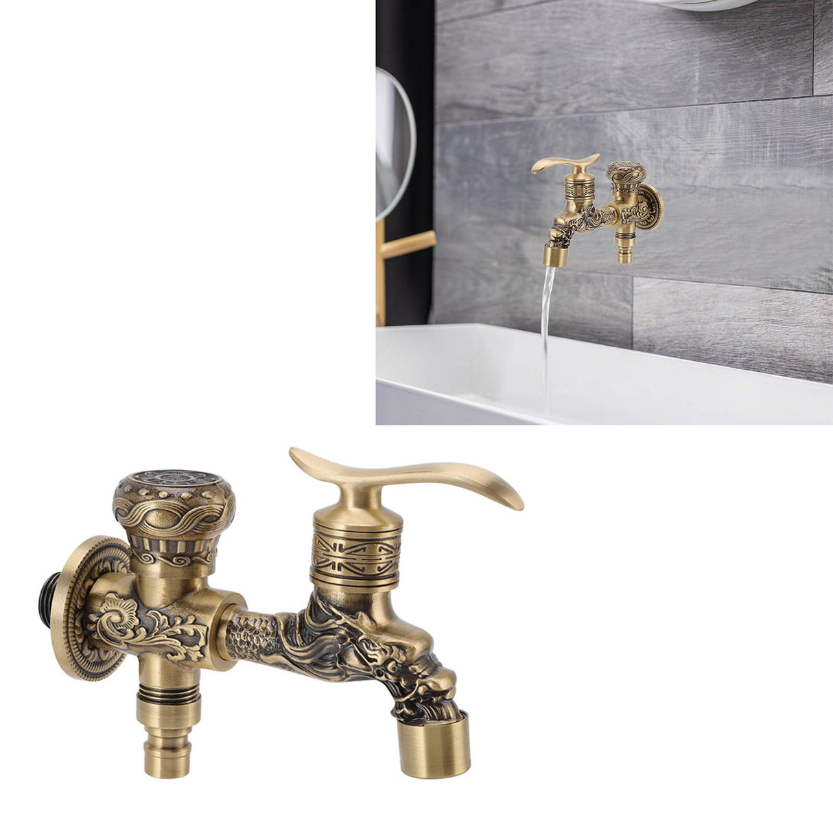 Water Tap 2 Handles 1 Hole Oil Rub Antique Dragon Carved Brass Faucet for Bathroom Sink Countertop Mounted Basin