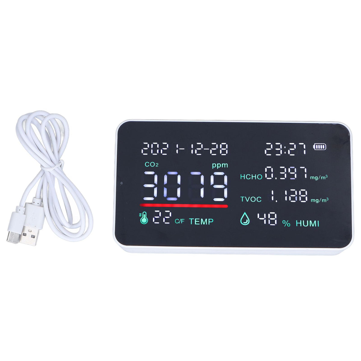 Air Quality Monitor Semiconductor USB Charging Indoor Temperature Humidity Carbon Dioxide DetectorWhite