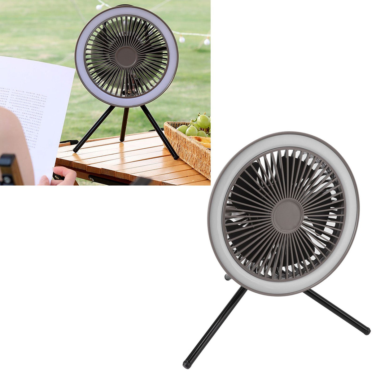 Camping Light Fan 3 Level Wind Adjustment USB Charging 3.7V 2A Hanging Camping Lights Tent Fan with Bracket for Outdoor Gray