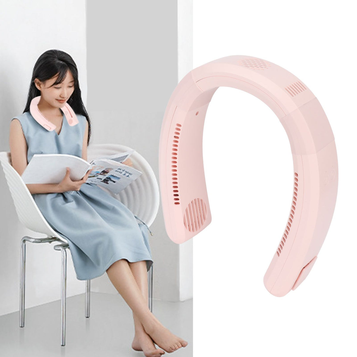 Neck Fan USB Charging 80 Holes 4000 to 5500rpm High Poly Wind Wearable Fan Portable Fan for Household Outdoor Pink