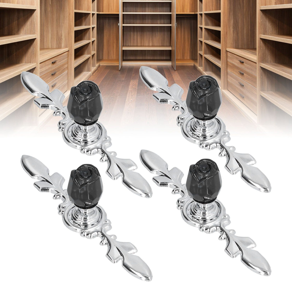 4 Pcs Crystal Handle with Plate European Style Modern Simple Pulls Handles for Drawer Dreser CabinetsBlack