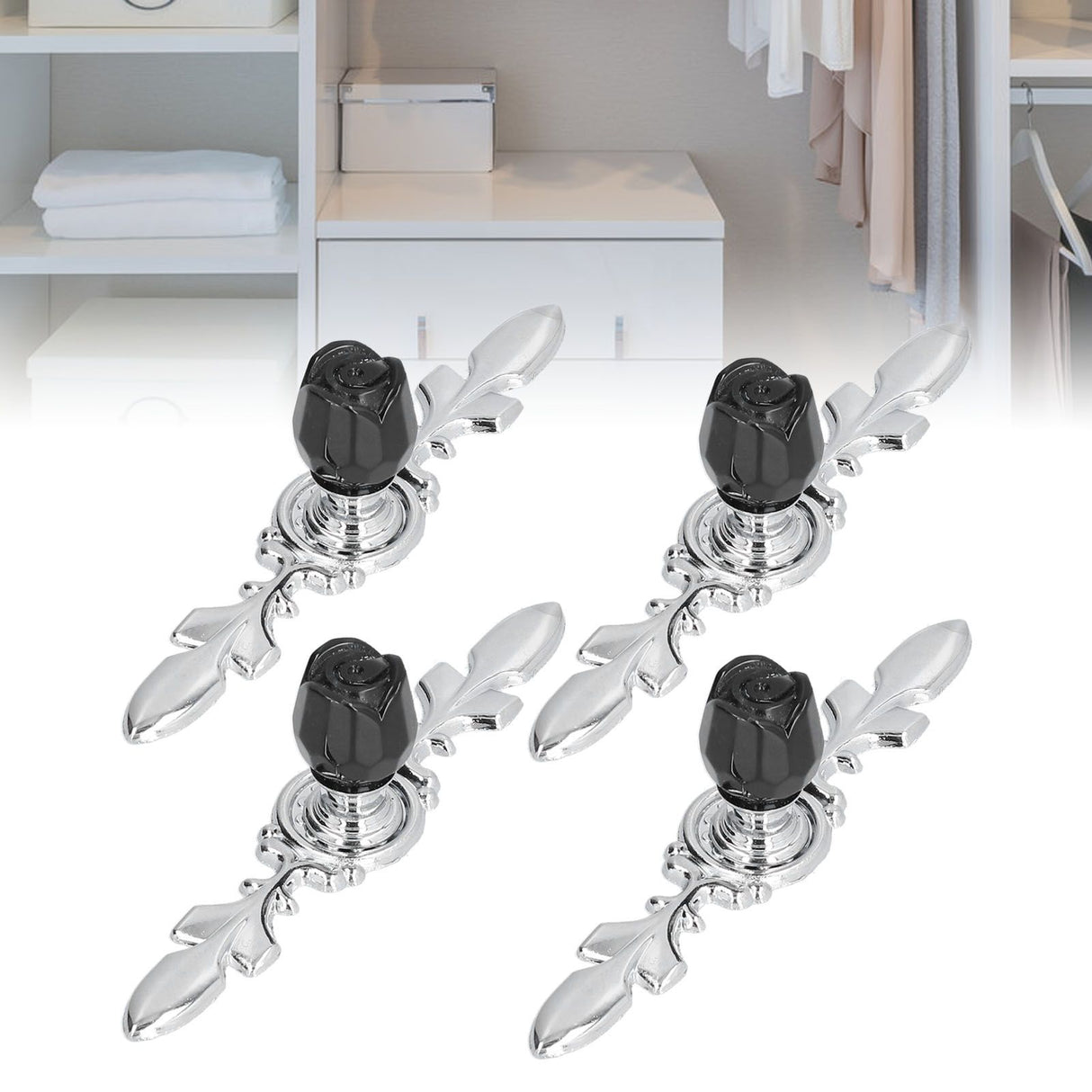 4 Pcs Crystal Handle with Plate European Style Modern Simple Pulls Handles for Drawer Dreser CabinetsBlack