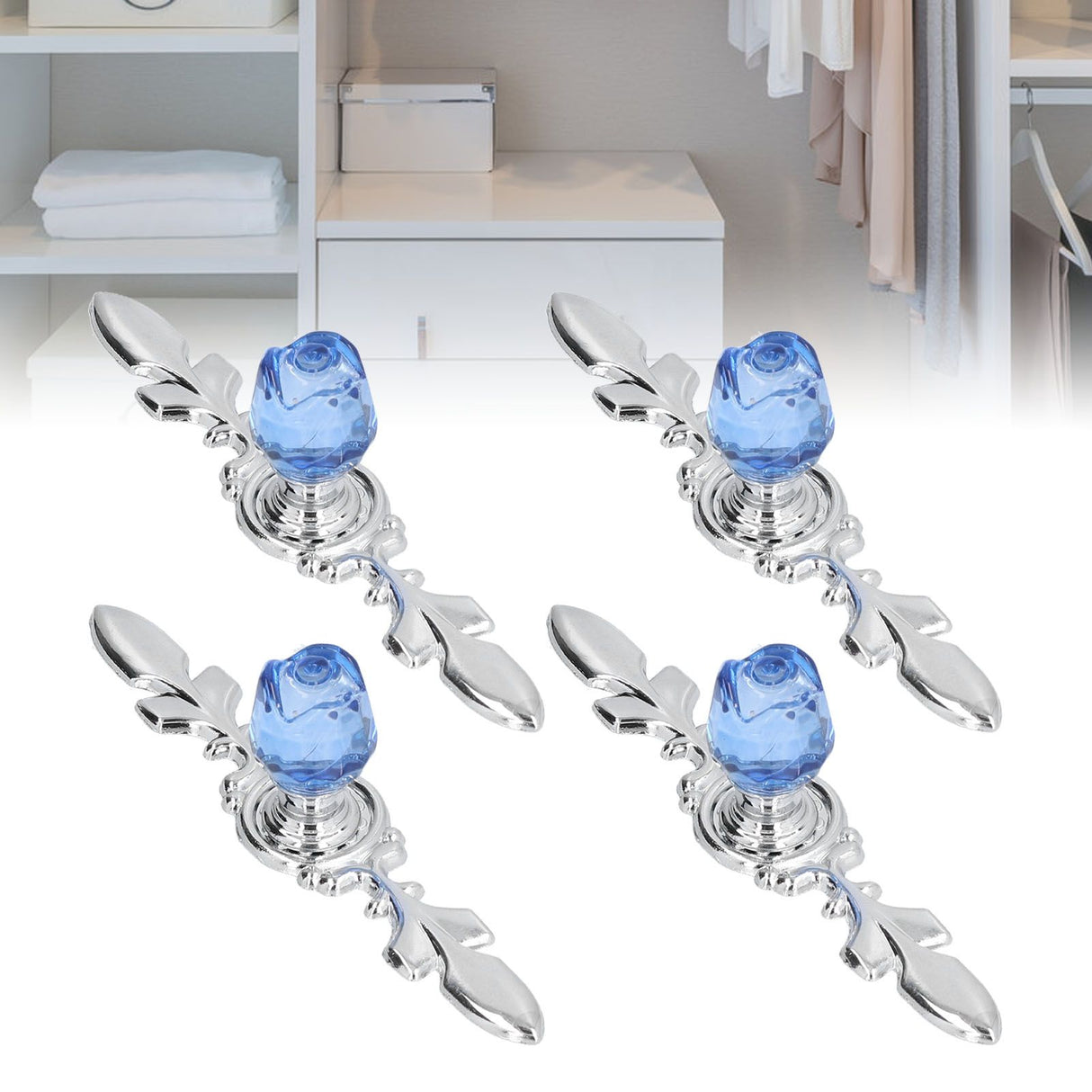 4 Pcs Crystal Handle with Plate European Style Modern Simple Pulls Handles for Drawer Dreser CabinetsBlue