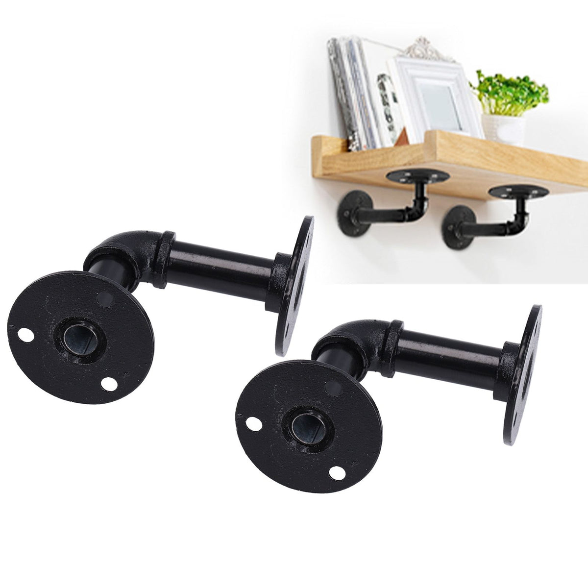 Pipe Shelf Brackets Iron Black Retro Wall Mounted Clapboard Support Frame Racks Set