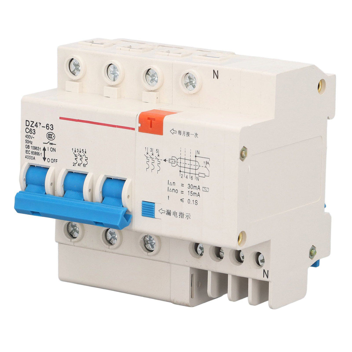 Circuit Breaker 3P 63A 220V Overload Short Circuit Leakage Protection Residual Current Circuit Breaker for 50/60Hz