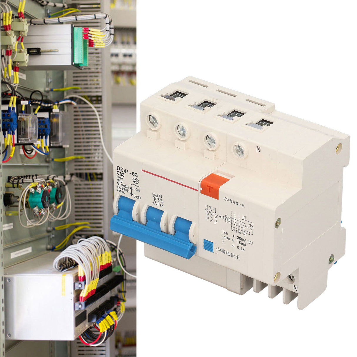 Circuit Breaker 3P 63A 220V Overload Short Circuit Leakage Protection Residual Current Circuit Breaker for 50/60Hz