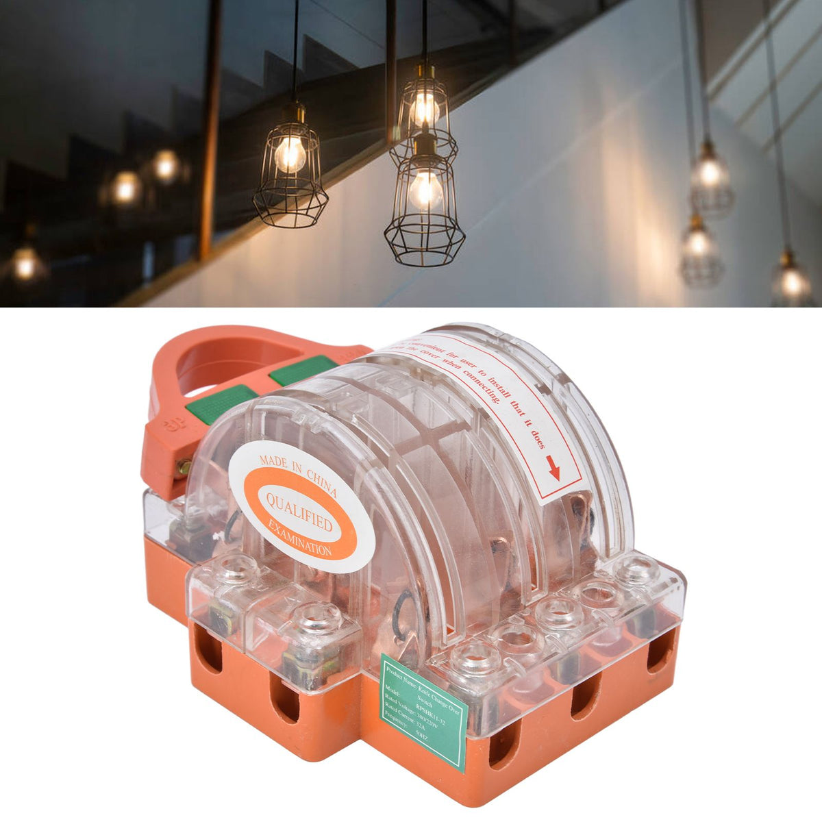 AC 380V 32A 3 Pole Knife Switch with LED Indicator Copper Transparent Shell Double Throw Disconnect Knife Switch