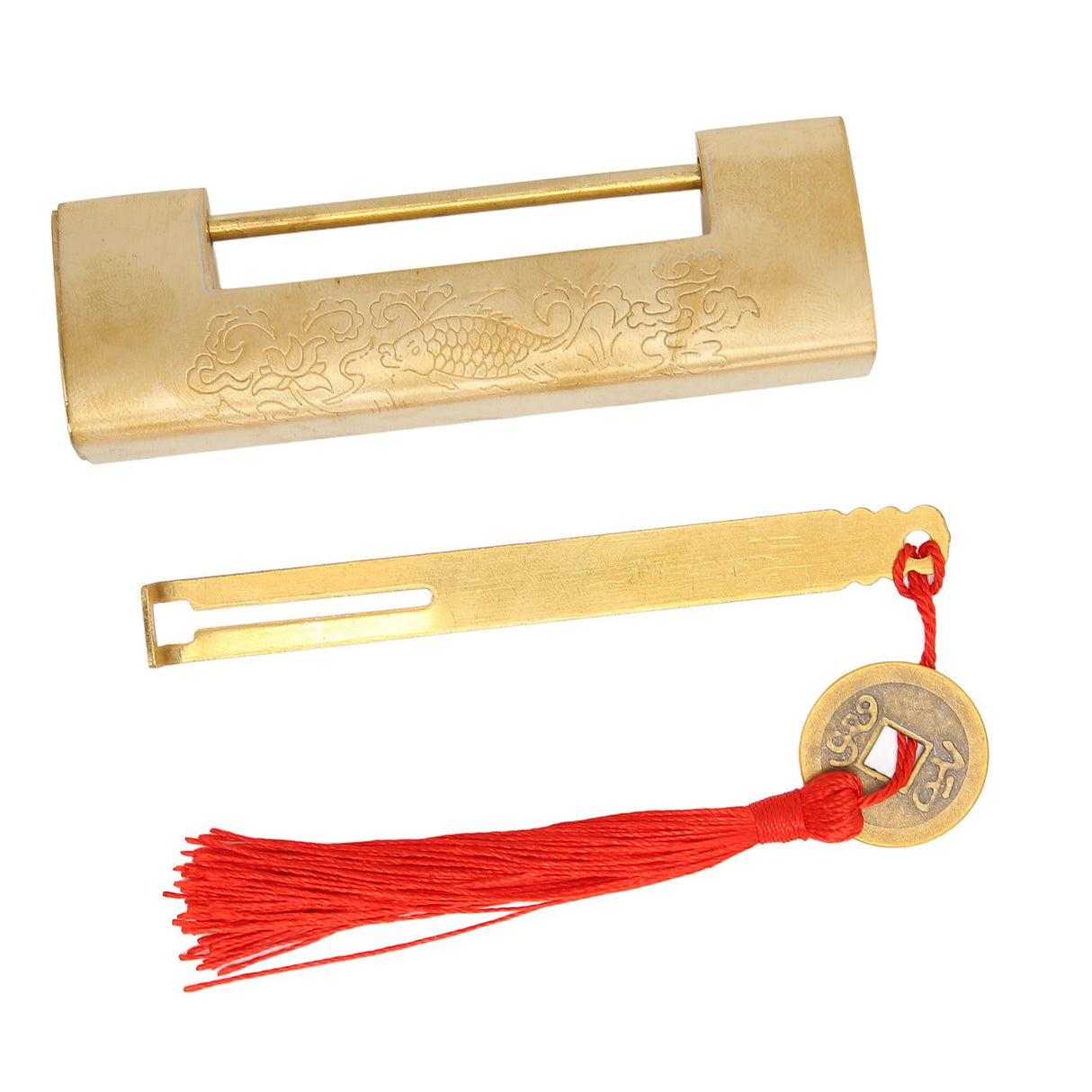 Brass Antique Padlock Spacing 5.9cm Exquisite Rustproof Chinese Old Style Fish Horizontal Padlock for Jewelry Boxes Brass Colour