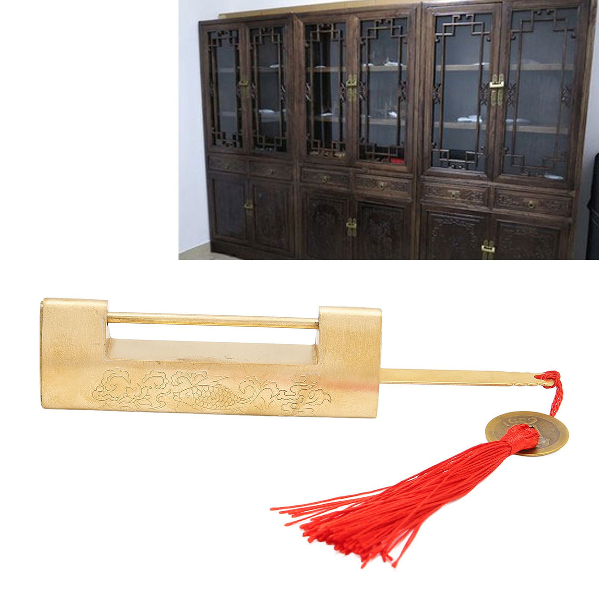 Brass Antique Padlock Spacing 5.9cm Exquisite Rustproof Chinese Old Style Fish Horizontal Padlock for Jewelry Boxes Brass Colour