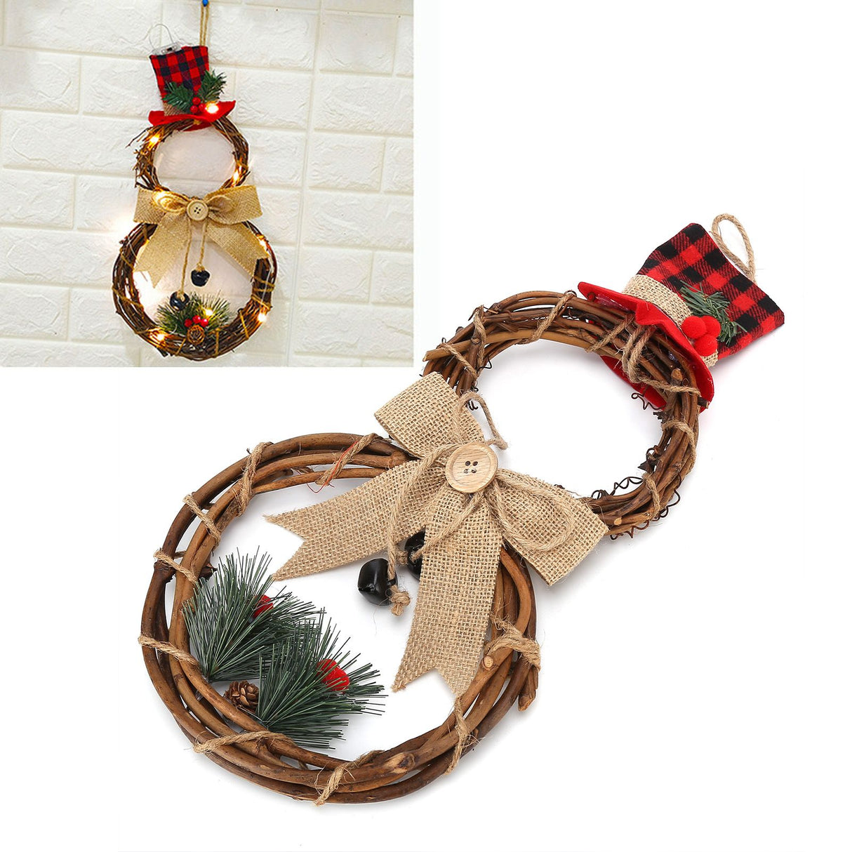 LED Christmas Snowman Wreath Christmas Door Decoration with Light for Home Decorations