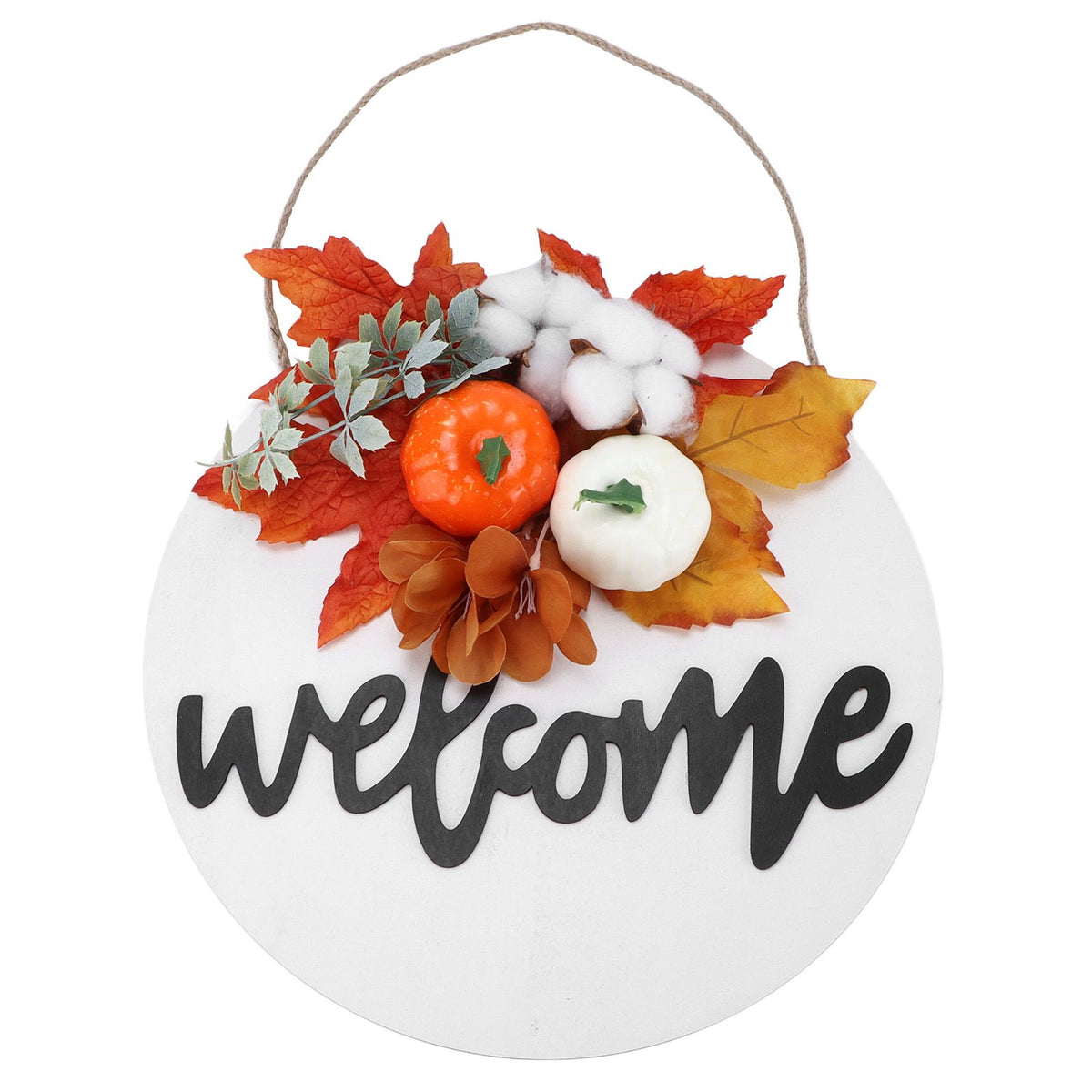Round Wood Door Sign Farmhouse Front Door Hanging Welcome Sign Decors for Halloween ChristmasMaple Leaf Cotton