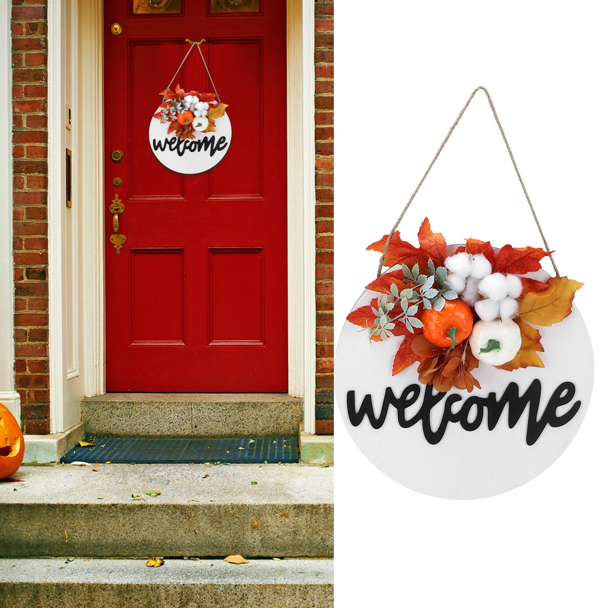Round Wood Door Sign Farmhouse Front Door Hanging Welcome Sign Decors for Halloween ChristmasMaple Leaf Cotton
