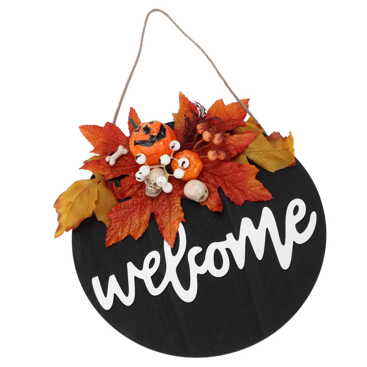 Round Wood Door Sign Farmhouse Front Door Hanging Welcome Sign Decors for Halloween ChristmasMaple Leaf Skeleton