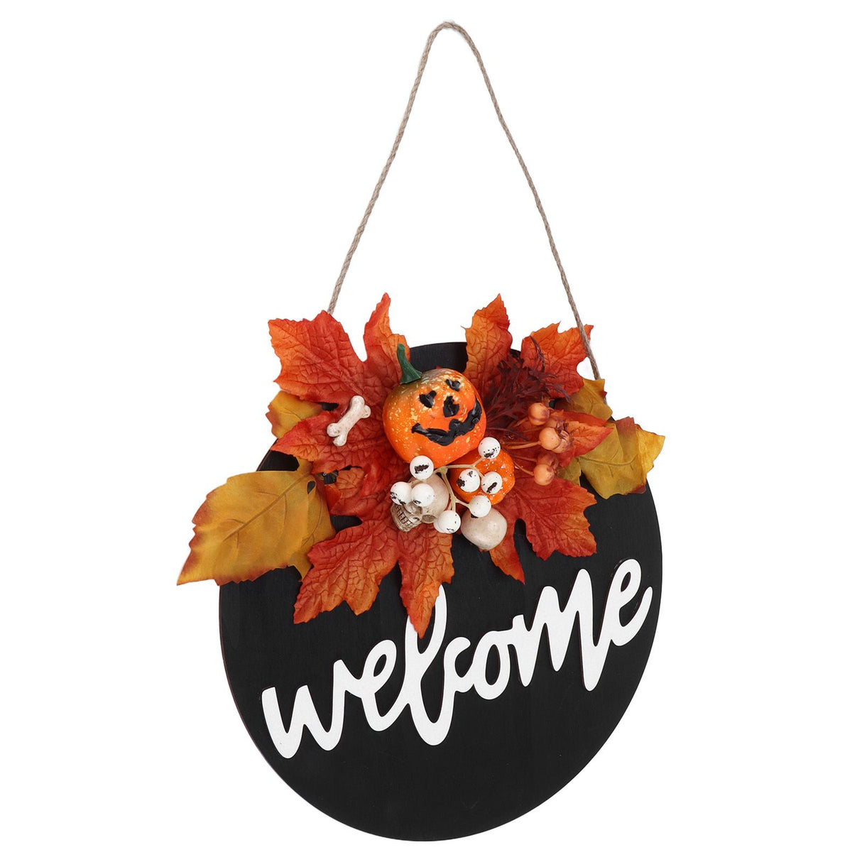 Round Wood Door Sign Farmhouse Front Door Hanging Welcome Sign Decors for Halloween ChristmasMaple Leaf Skeleton