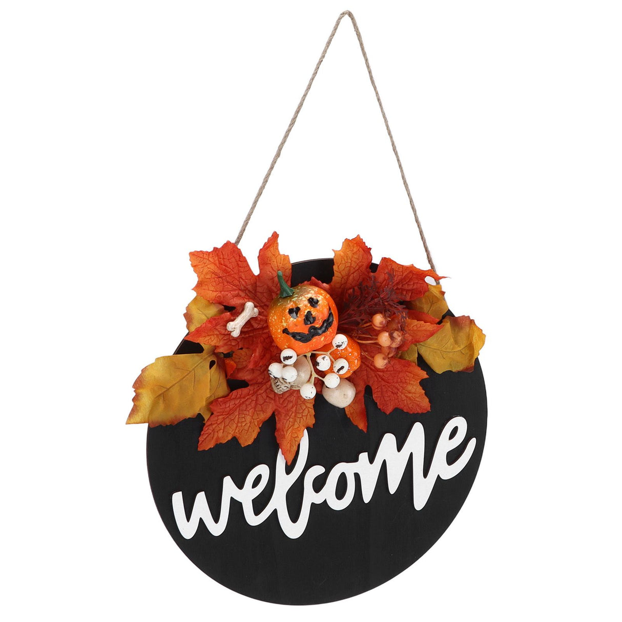 Round Wood Door Sign Farmhouse Front Door Hanging Welcome Sign Decors for Halloween ChristmasMaple Leaf Skeleton