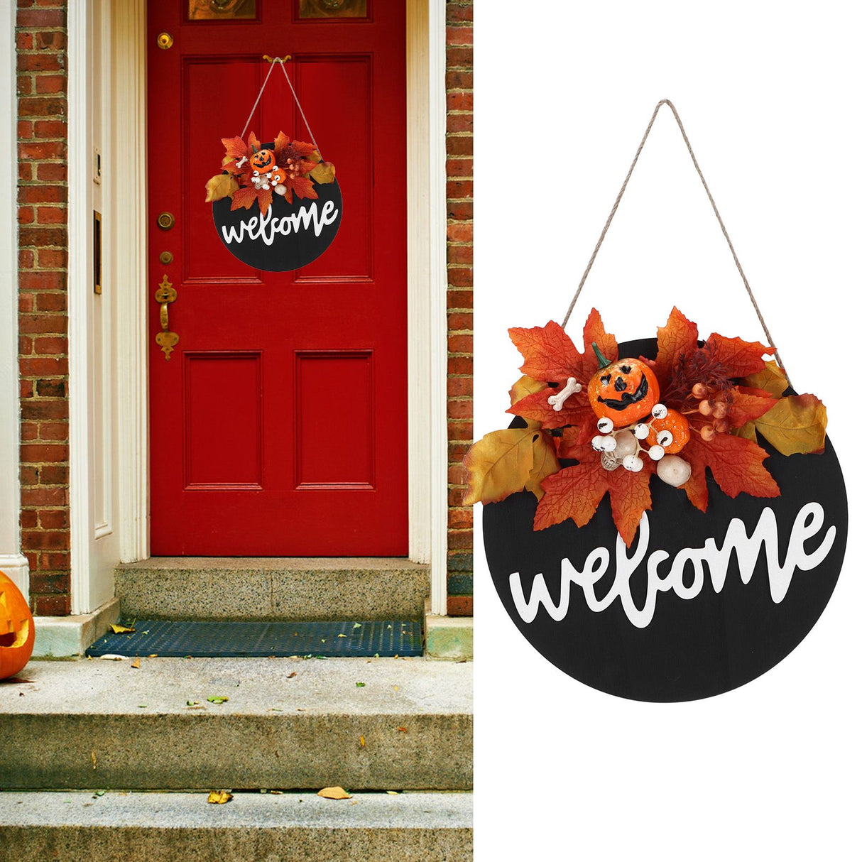 Round Wood Door Sign Farmhouse Front Door Hanging Welcome Sign Decors for Halloween ChristmasMaple Leaf Skeleton