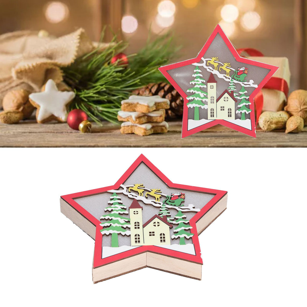 Wooden Star Shaped Ornament Christmas Decoration Ornaments Crafts with LED Light for Dining Table
