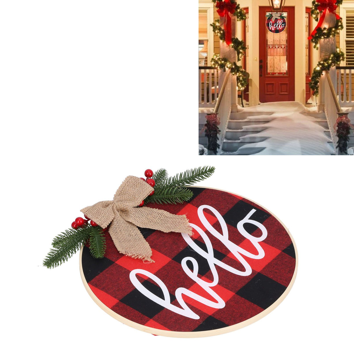 Hello Sign for Front Door Check Plaid Linen Round Front Door Wreaths for Christmas Decoration