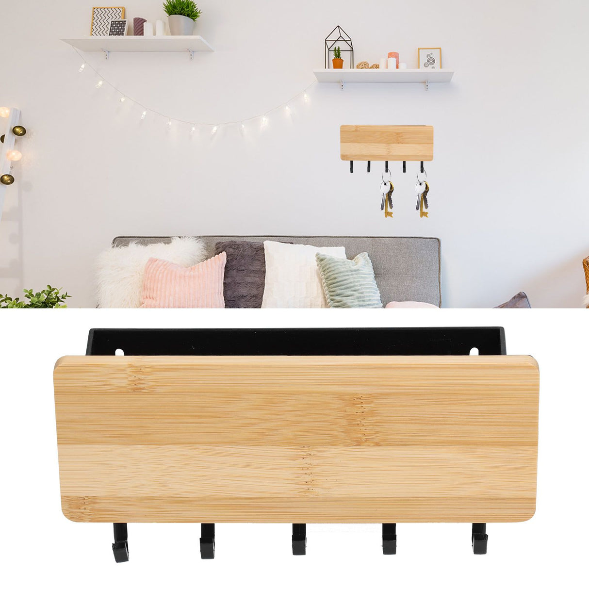 Wall Mounted Key Holder Bamboo Modern Anti Slip Key Hanger for Home Office Living RoomBamboo Color