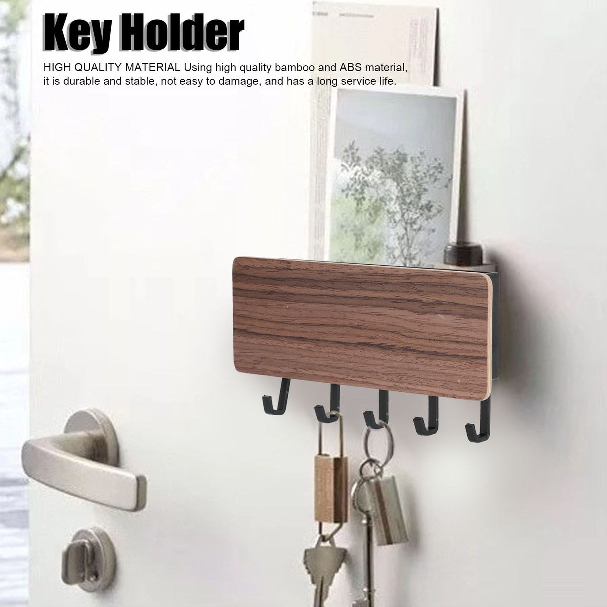 Wall Mounted Key Holder Bamboo Modern Anti Slip Key Hanger for Home Office Living RoomBrown