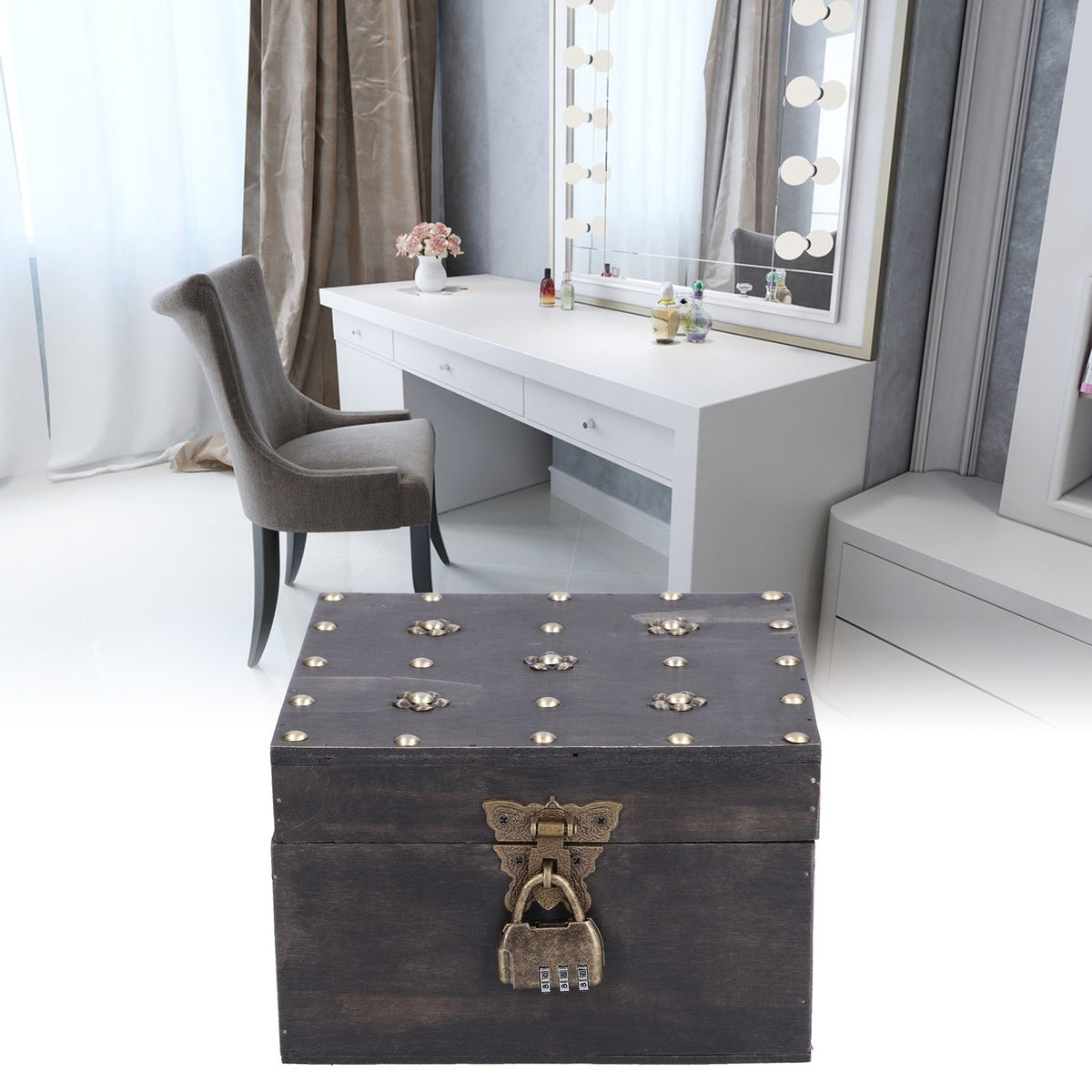 Treasure Props Storage Box with Password Lock Retro Wooden Storage Box for Home Living Room