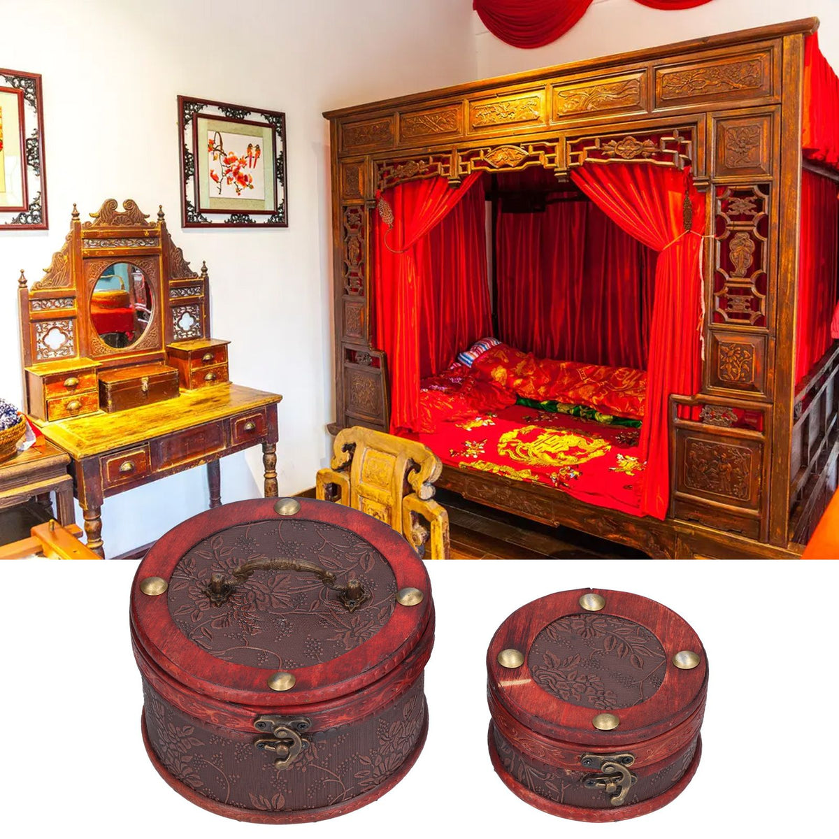 2Pcs Classical Jewelry Box with Buckle Cylinder Shape Antique Storage Case for Necklace Bracelet