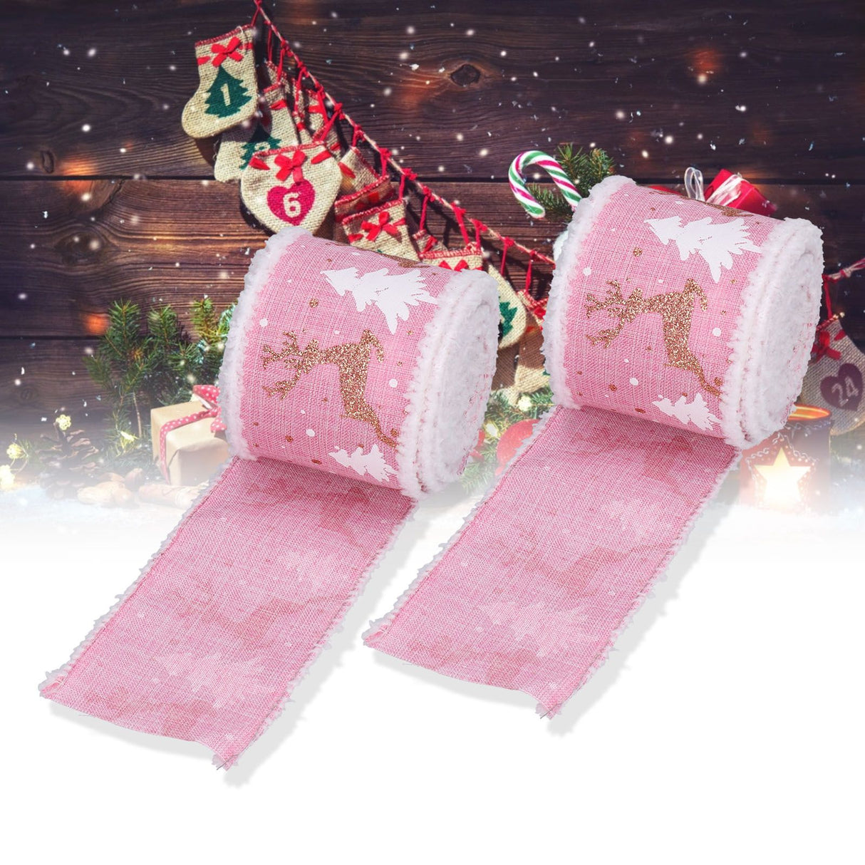 2 Rolls Christmas Ribbon 5m Wired Edge Ribbon DIY Gift Wrapping Craft Ribbon for Home Festival Decoration