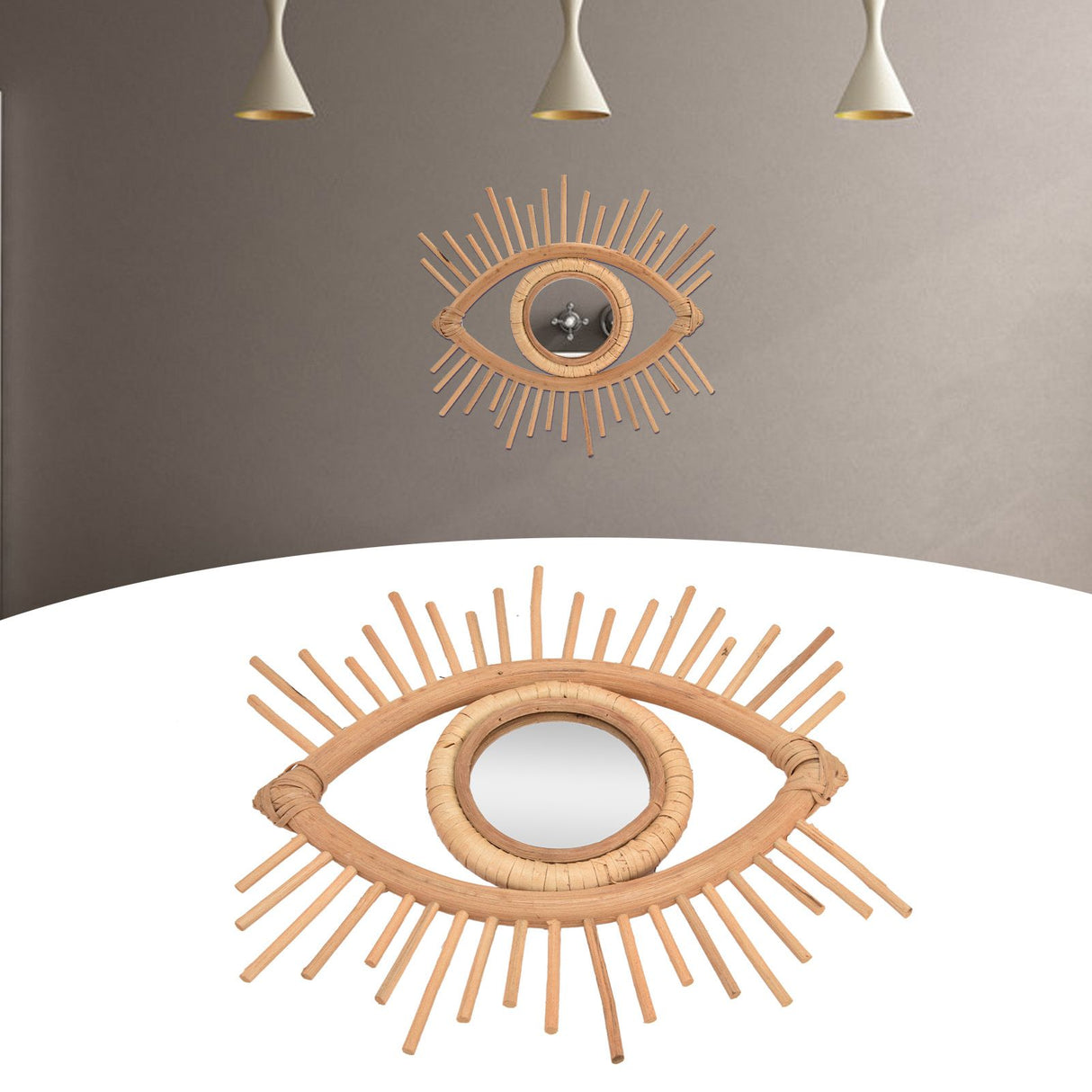 Nordic Makeup Mirror Rattan Woven Eye Shape Wall Hanging Mirror for Home Hotel Bathroom Decoration