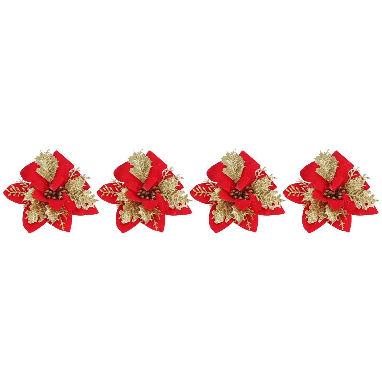 4pcs Christmas Tree Flowers Artificial Golden Red Poinsettia Christmas Tree Glitter Flowers with Golden Powder