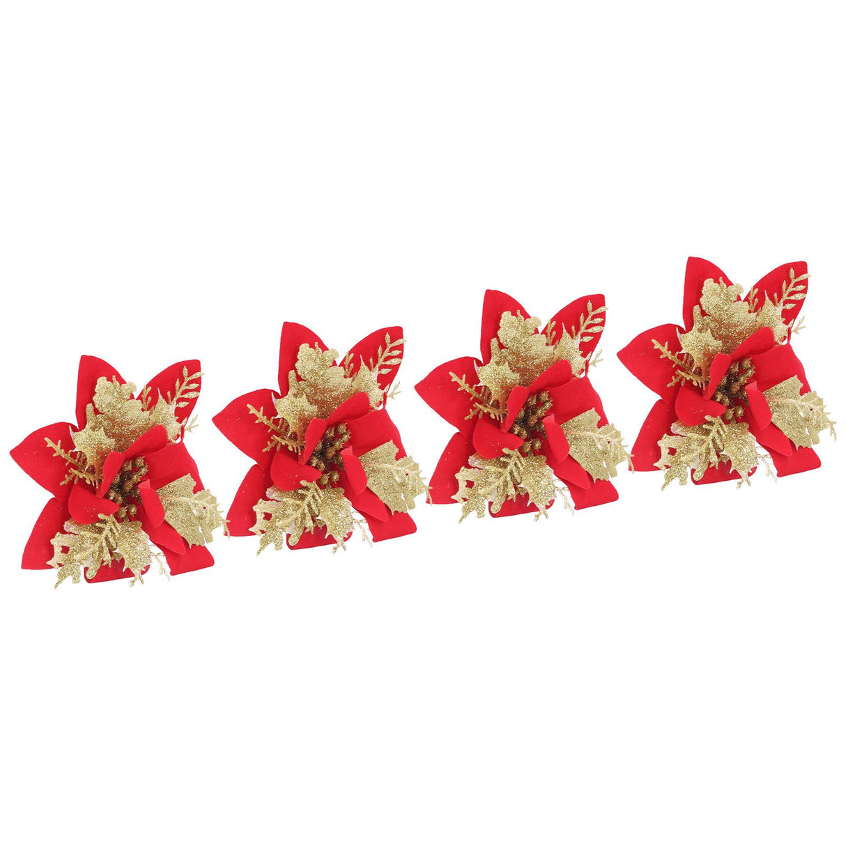 4pcs Christmas Tree Flowers Artificial Golden Red Poinsettia Christmas Tree Glitter Flowers with Golden Powder