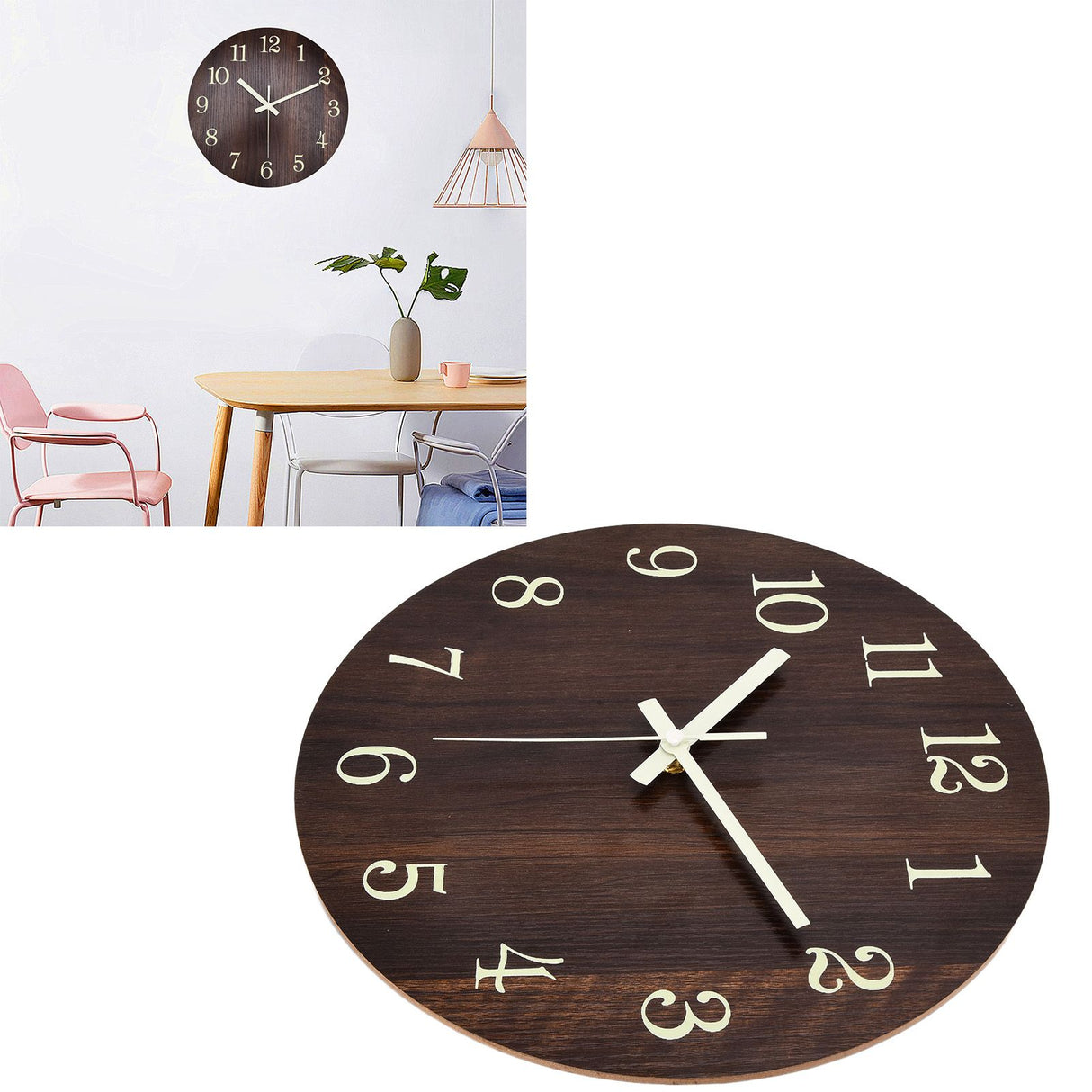 Wood Wall Clock Retro Style Quiet Silent Quartz Movement 3D Luminous Retro Wall Clock for Bedroom Office Kitchen