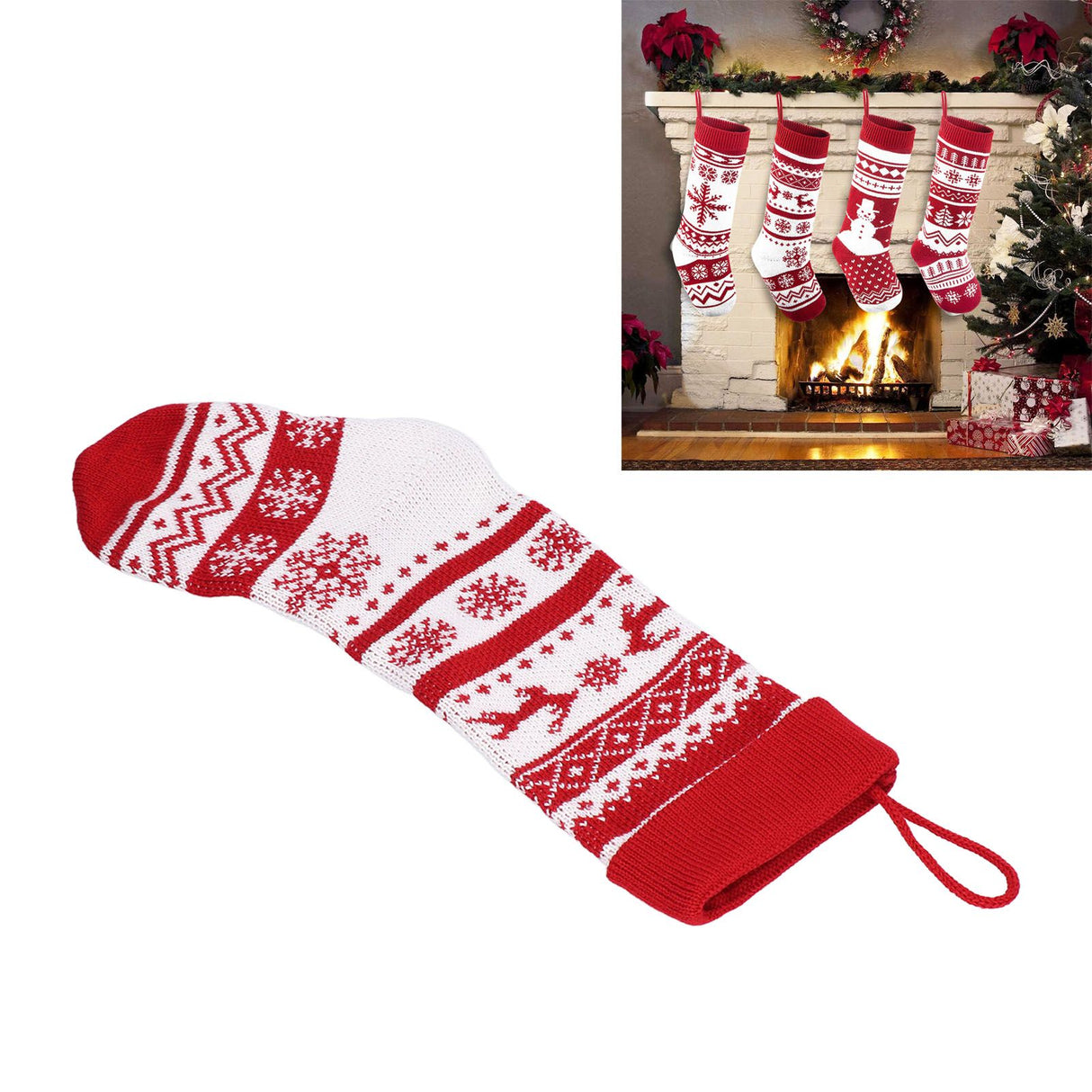 Large Knitted Christmas Stocking with Candy Bag Lovely Christmas Decorations Hanging StockingsDouble Deer