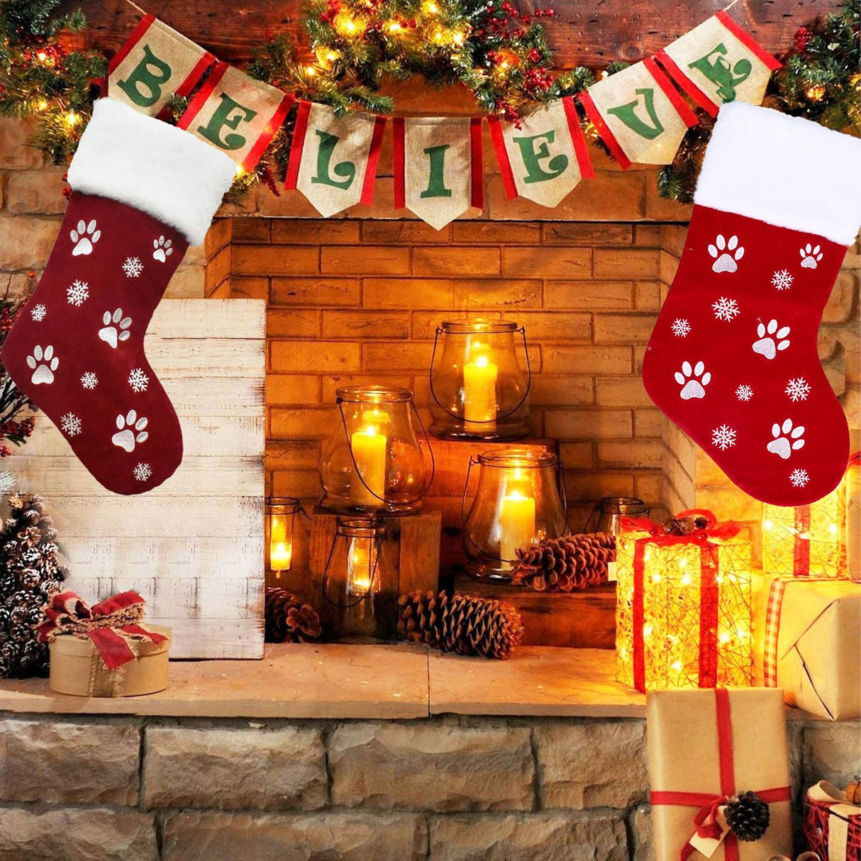 Christmas Stocking Gift Bag Xmas Tree Hanging Pendant Craft for Home Party Decorative OrnamentRed