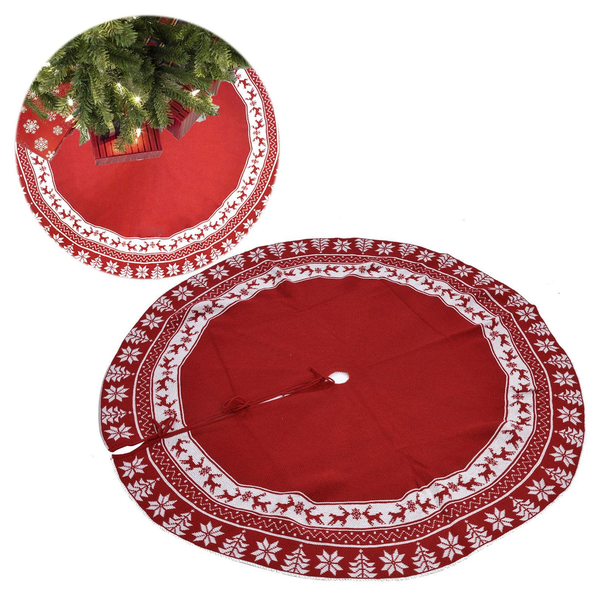 Knitted Christmas Tree Skirt Reusable Xmas Tree Stand Mat Floor Protector Home Party DecorationRed
