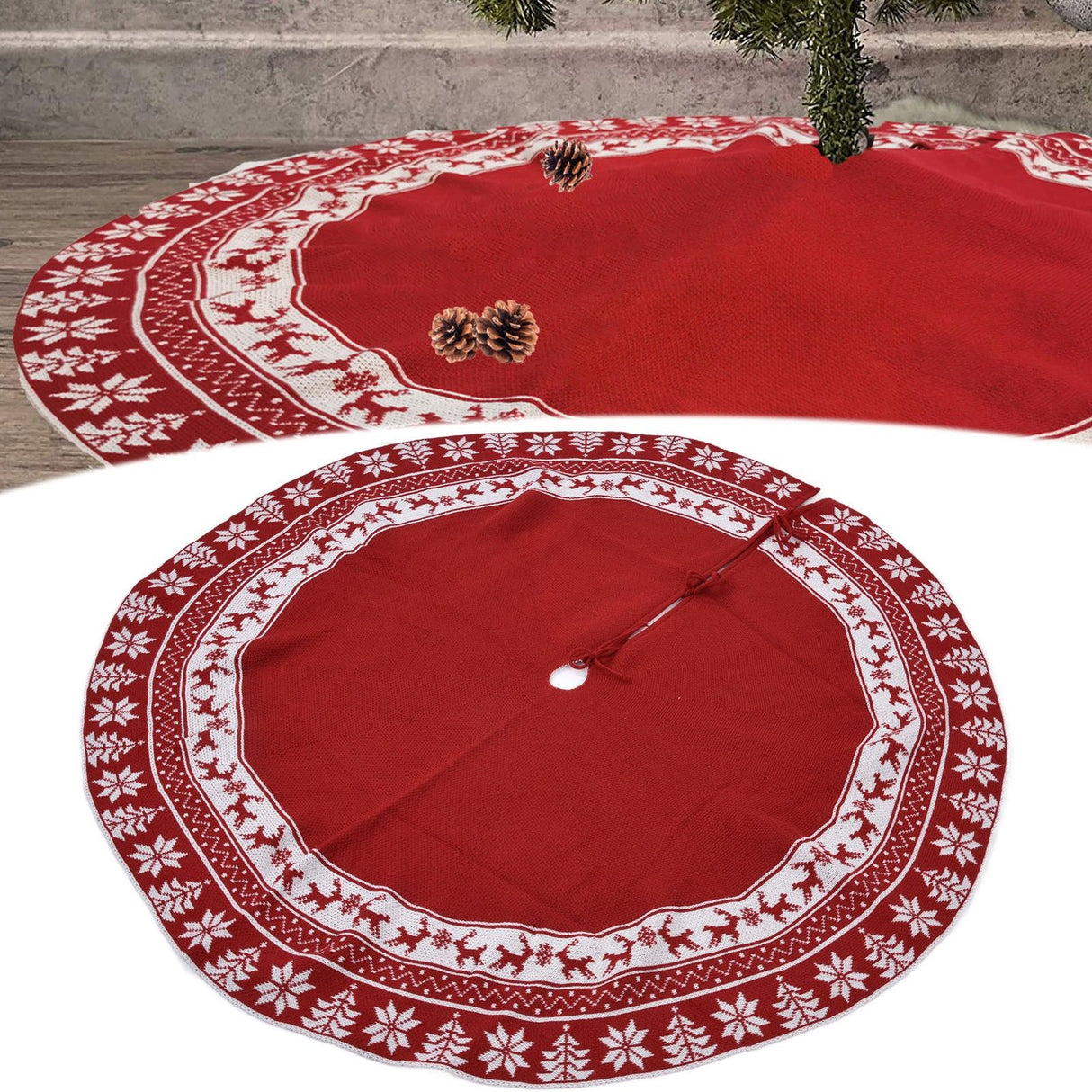 Knitted Christmas Tree Skirt Reusable Xmas Tree Stand Mat Floor Protector Home Party DecorationRed