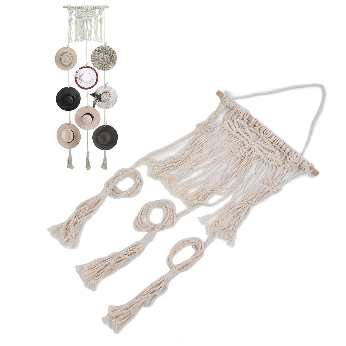 Boho Hat Wall Hanging Rack Cotton Rope Woven Bohemian Caps Holder for Home Office StudioType B