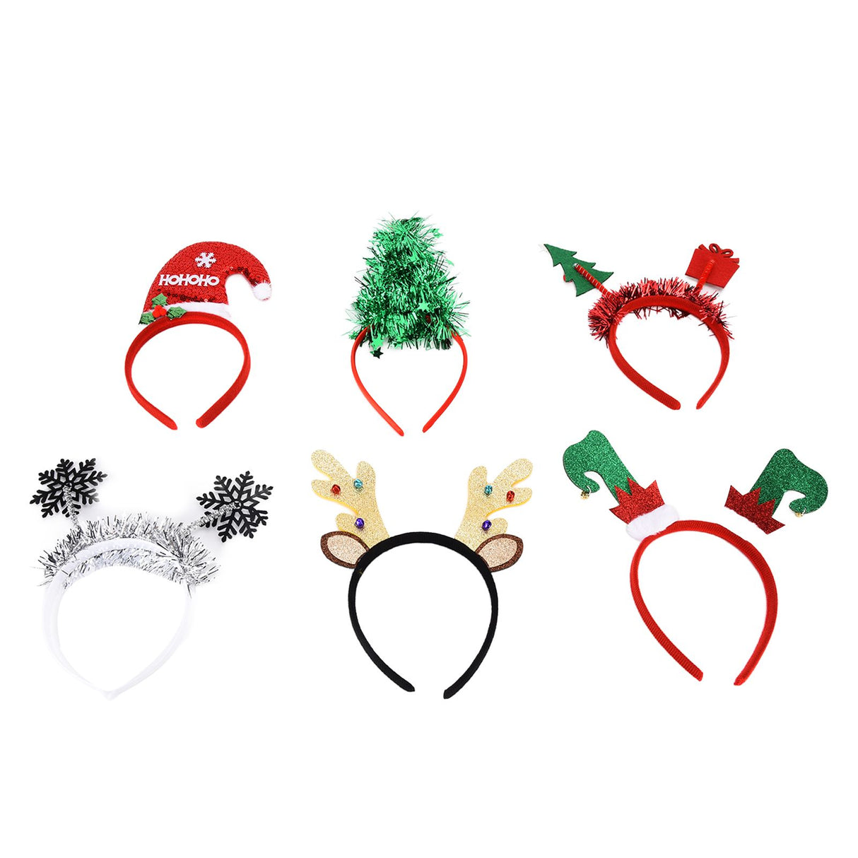 6Pcs Christmas Headband Christmas Tree Reindeer Snowflake Santa Hat Holiday Party Headgear for Christmas Party