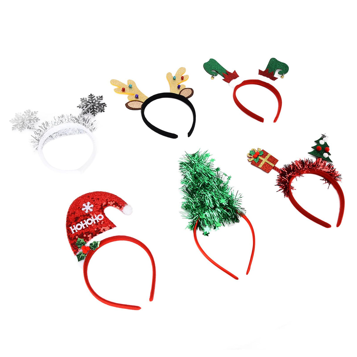6Pcs Christmas Headband Christmas Tree Reindeer Snowflake Santa Hat Holiday Party Headgear for Christmas Party