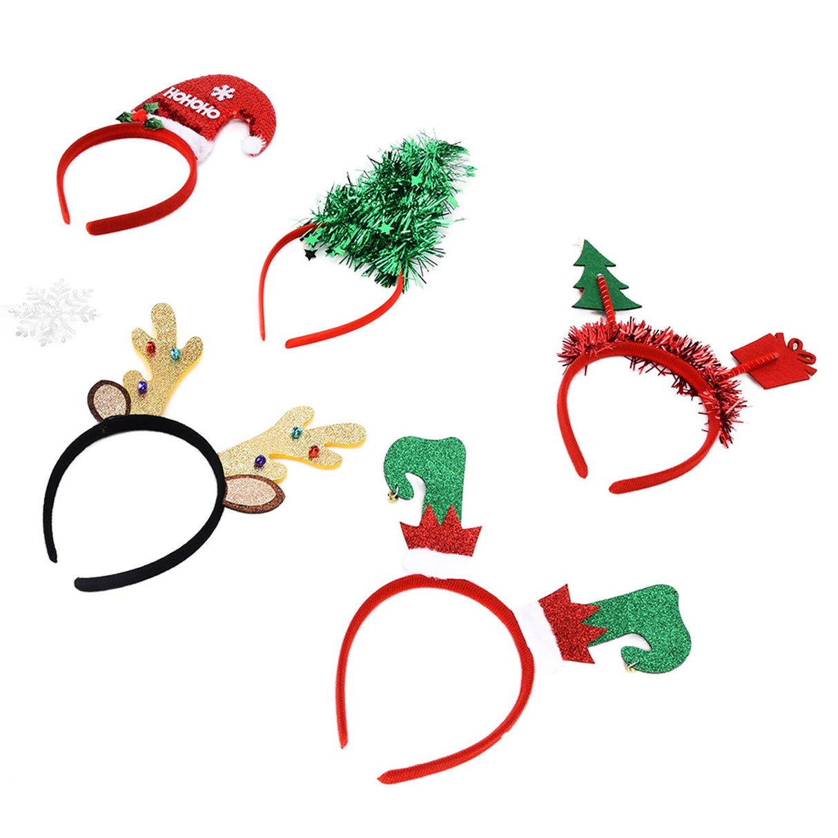 6Pcs Christmas Headband Christmas Tree Reindeer Snowflake Santa Hat Holiday Party Headgear for Christmas Party