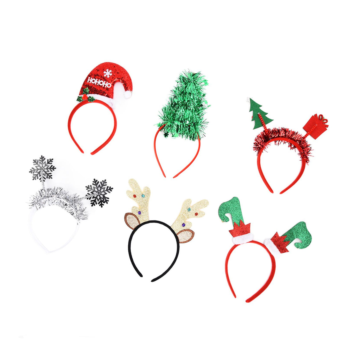 6Pcs Christmas Headband Christmas Tree Reindeer Snowflake Santa Hat Holiday Party Headgear for Christmas Party